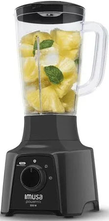 Licuadora Powermix de 2 velocidades negra con vaso plástico de Imusa.