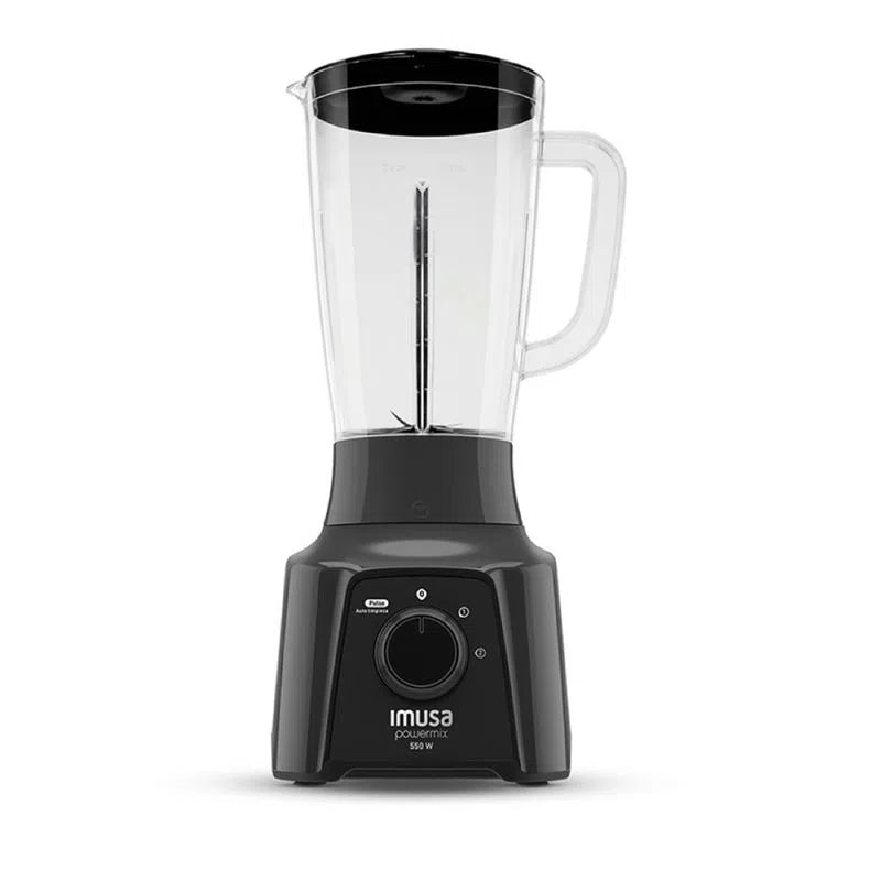 Licuadora Powermix de 2 velocidades negra con vaso plástico de Imusa.