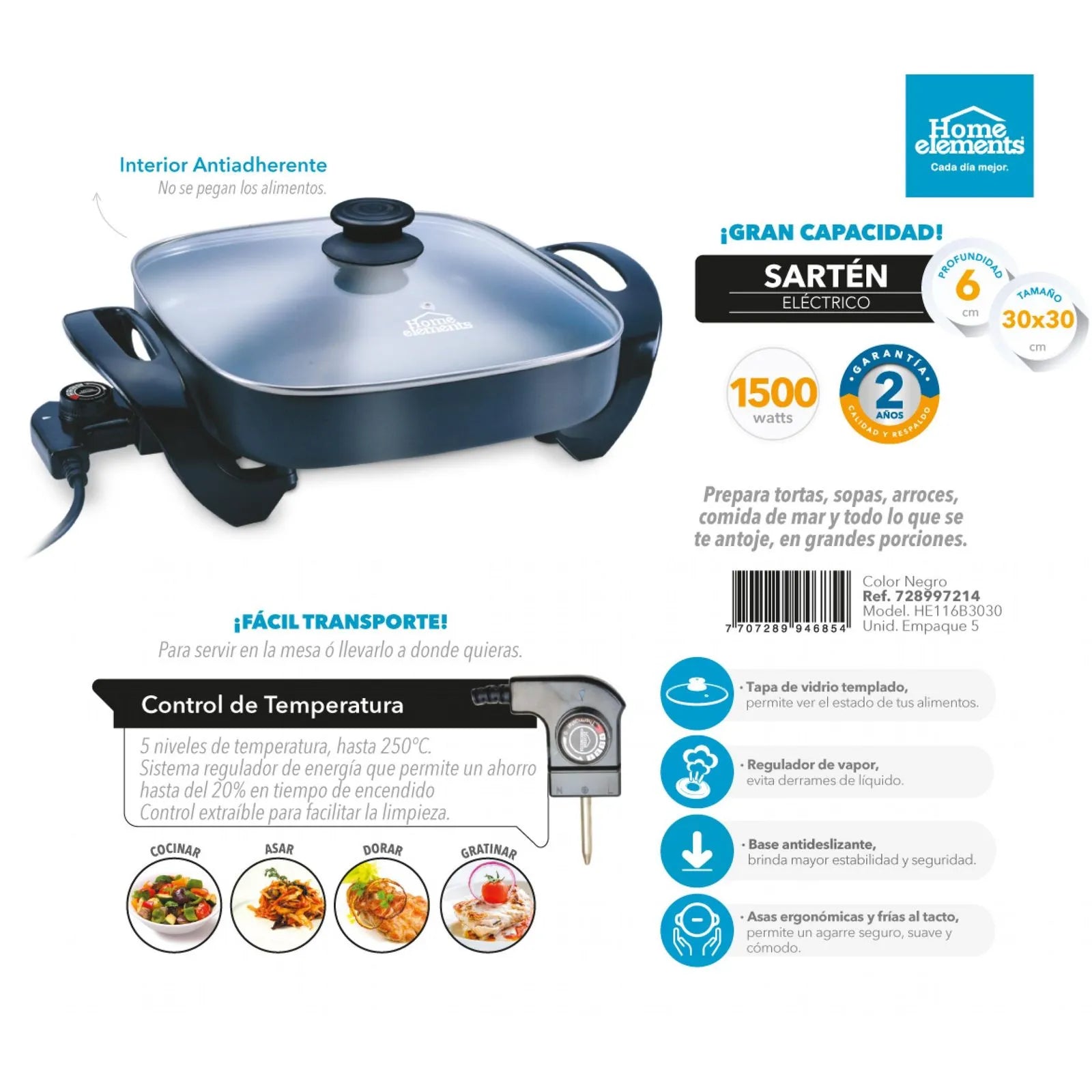 Sartén Eléctrico Home Elements 30x30 cm