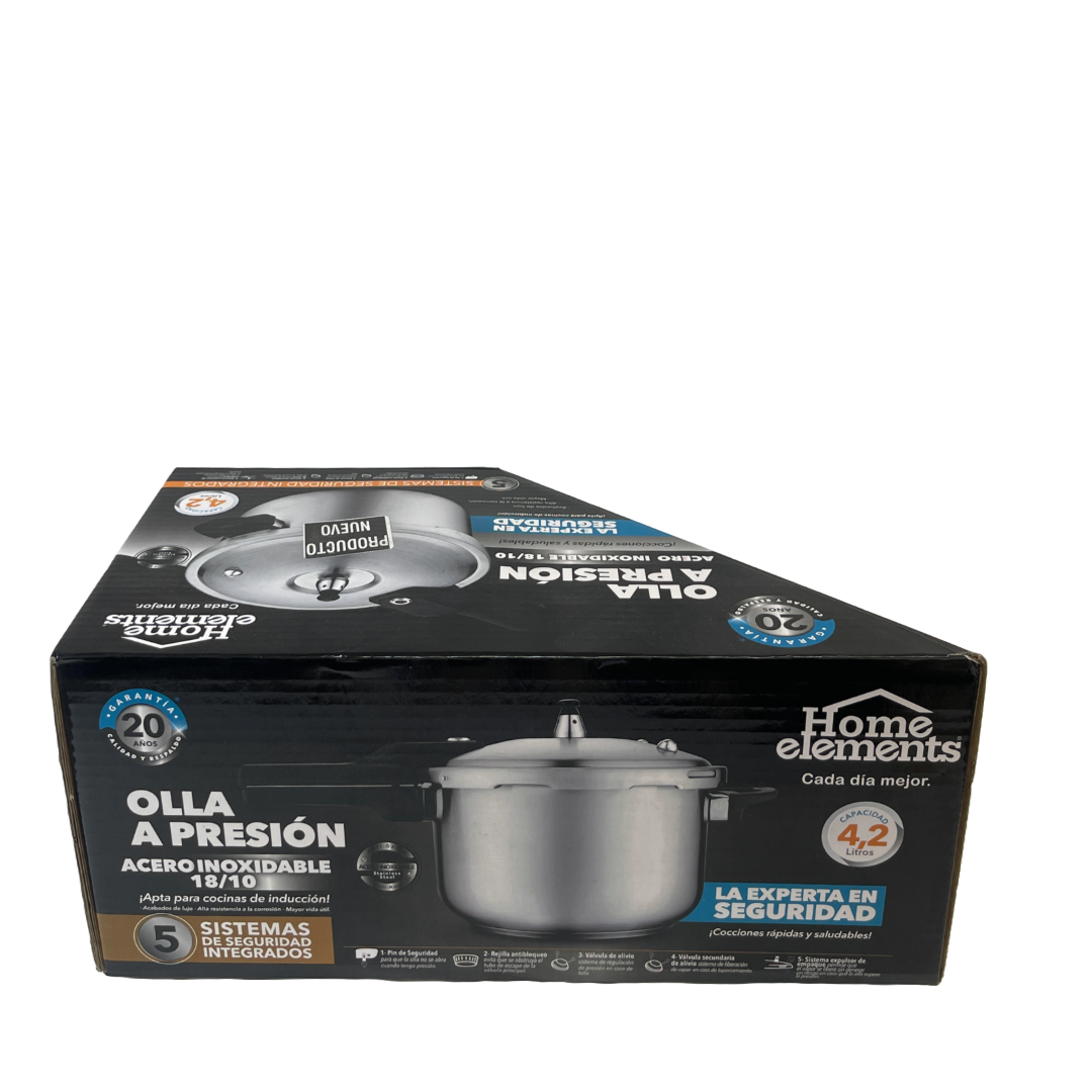 Olla a presión en acero inoxidable de 4.2 litros marca Home Elements - Aplica envío gratis a ciudades capitales.