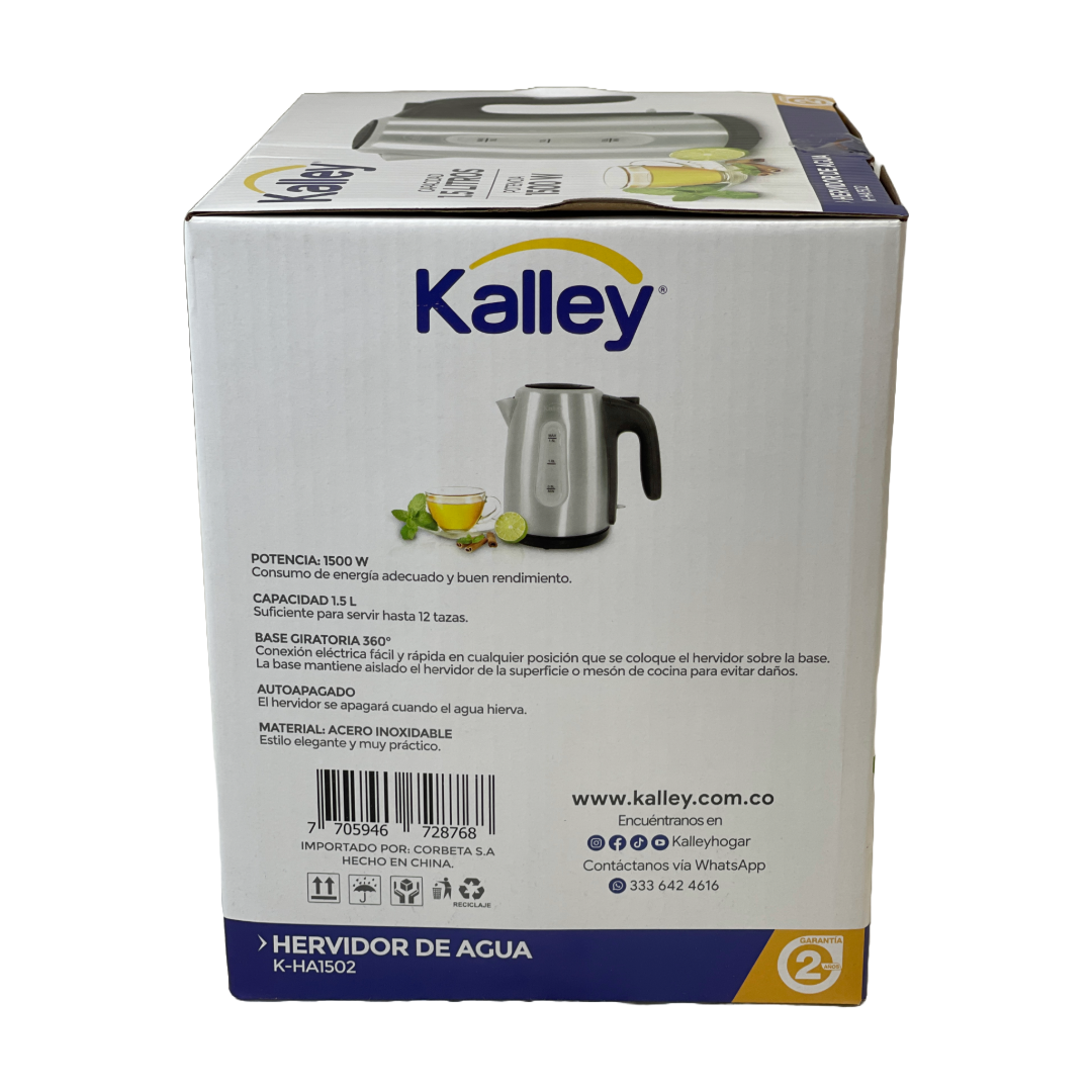 Hervidor de agua en acero inox de 1.5 litros marca Kalley.