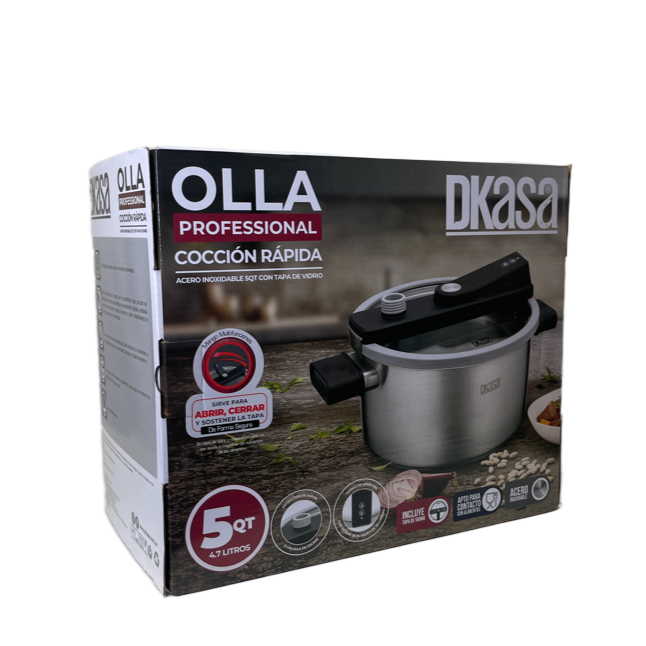 Olla profesional DKasa de cocción rápida con tapa de vidrio.