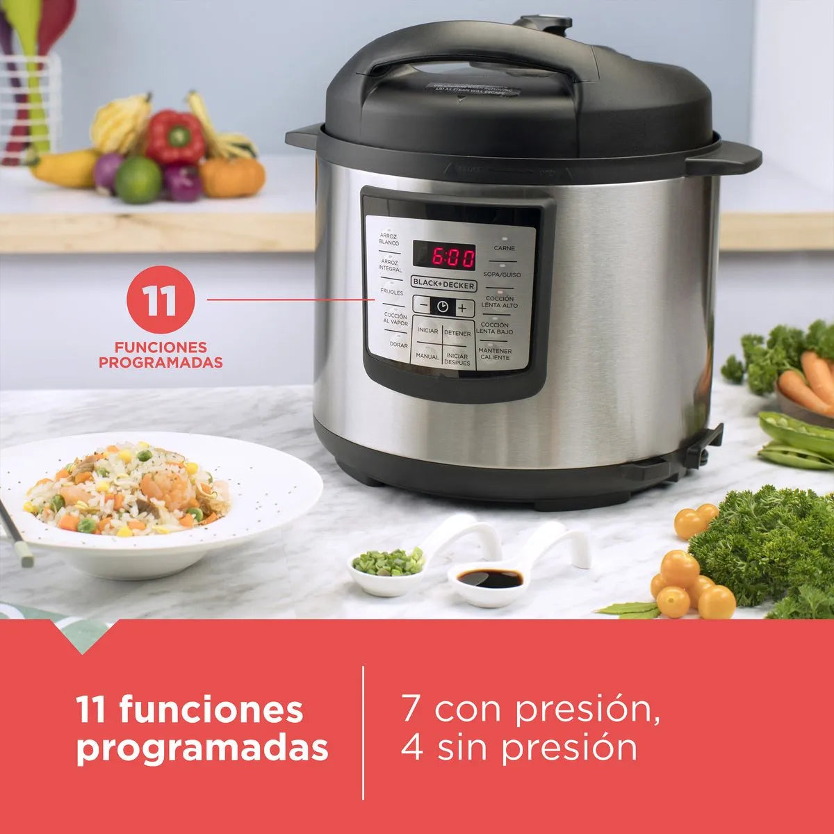 Olla de Presión Eléctrica Multifuncional Black+Decker 5.7L (PR100SD) – 7 en 1 - Pa´la house