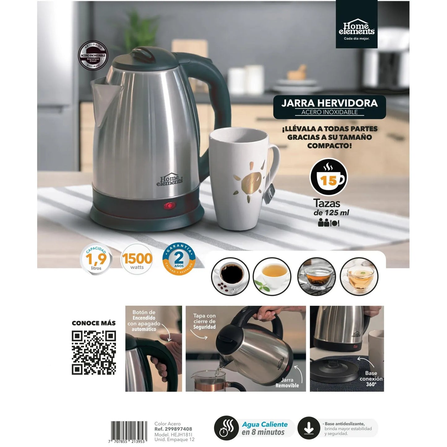 Hervidor de agua 1.9 lts acero inoxidable de Home Elements