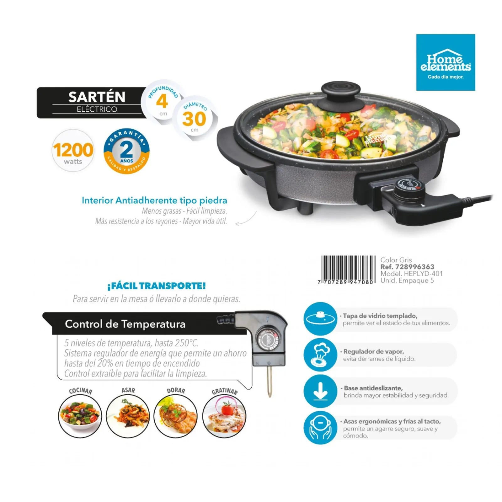 Sartén Eléctrico 30 cm Home Elements