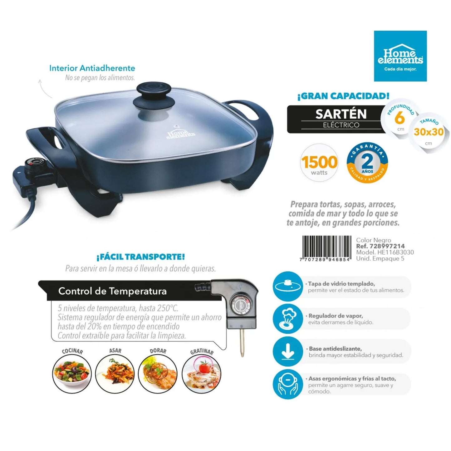 Sartén Eléctrico Home Elements 30x30 cm