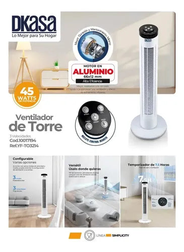 Ventilador de torre 3 vel. con control de 45W DKASA