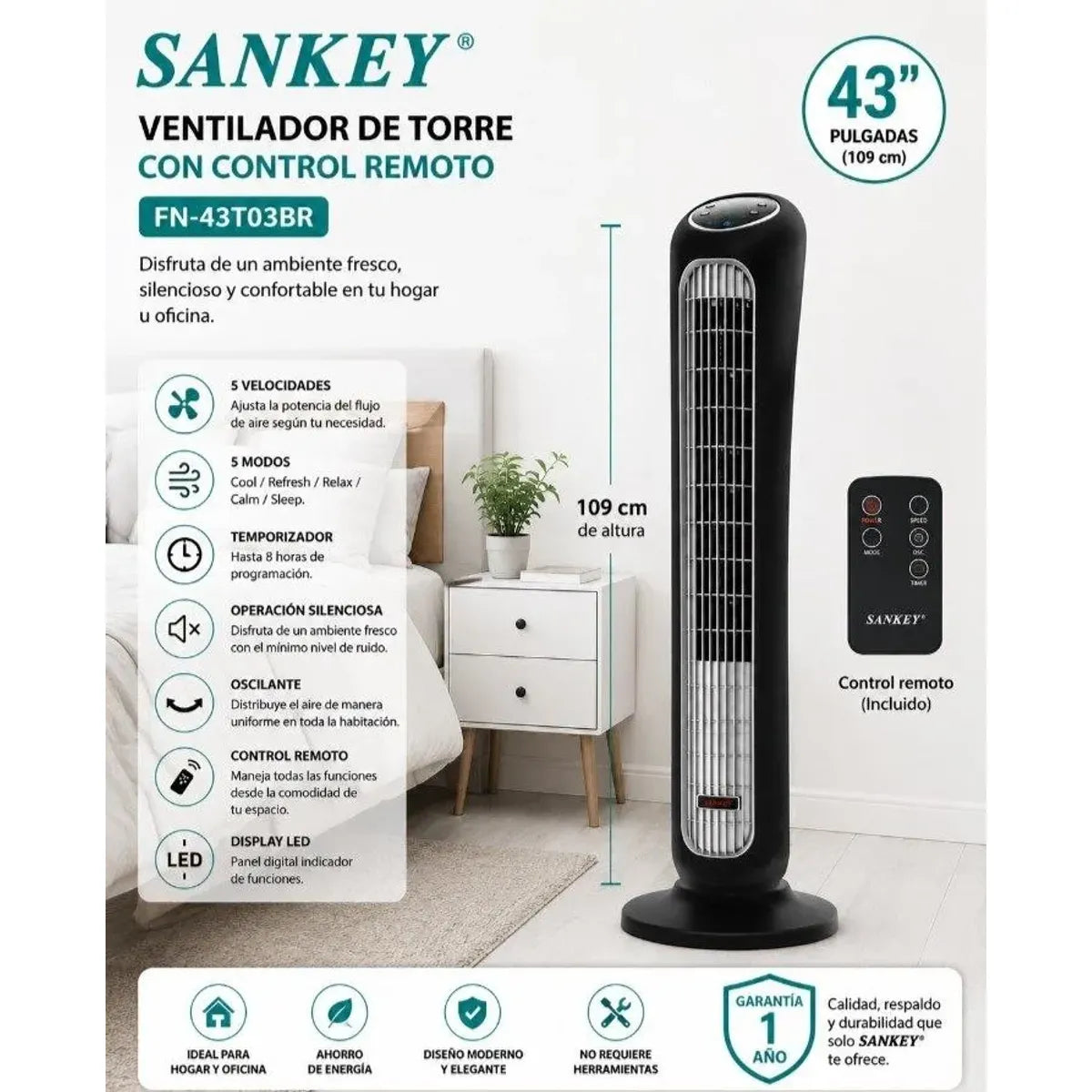 Ventilador de torre de 43 pulgadas con control de Sankey