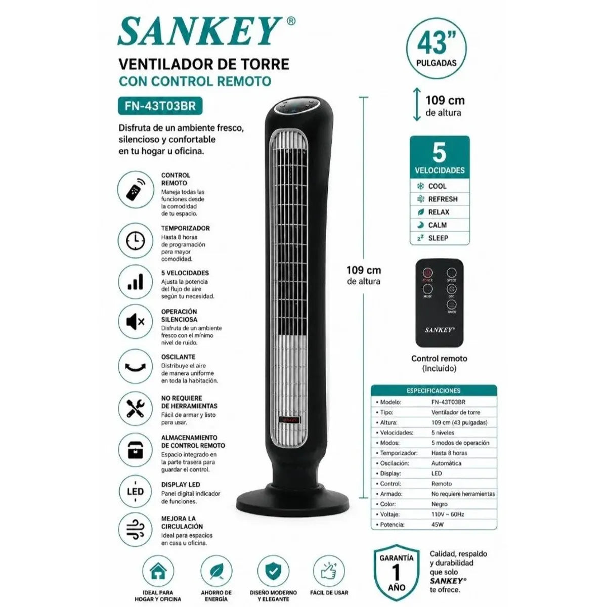 Ventilador de torre de 43 pulgadas con control de Sankey