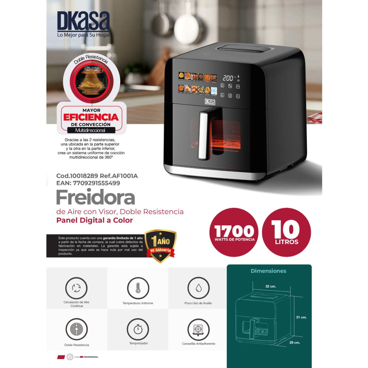 Freidora de Aire de 10 lts. con visor, doble resistencia, panel digital a color Dkasa
