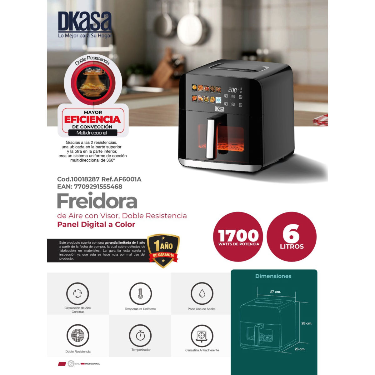 Freidora de Aire con Visor, Doble Resistencia, Panel Digital a Color de 6 Lts. Dkasa
