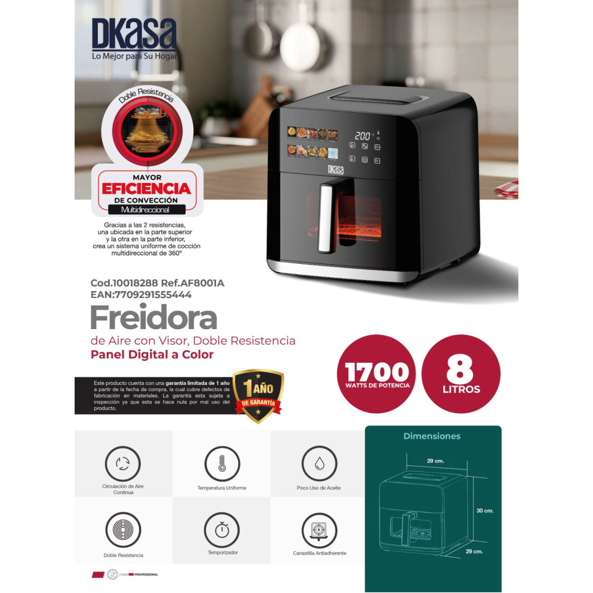 Freidora de Aire con Visor, doble resistencia, panel digital a color de 8 Lts. Dkasa