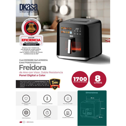 Freidora de Aire con Visor, doble resistencia, panel digital a color de 8 Lts. Dkasa