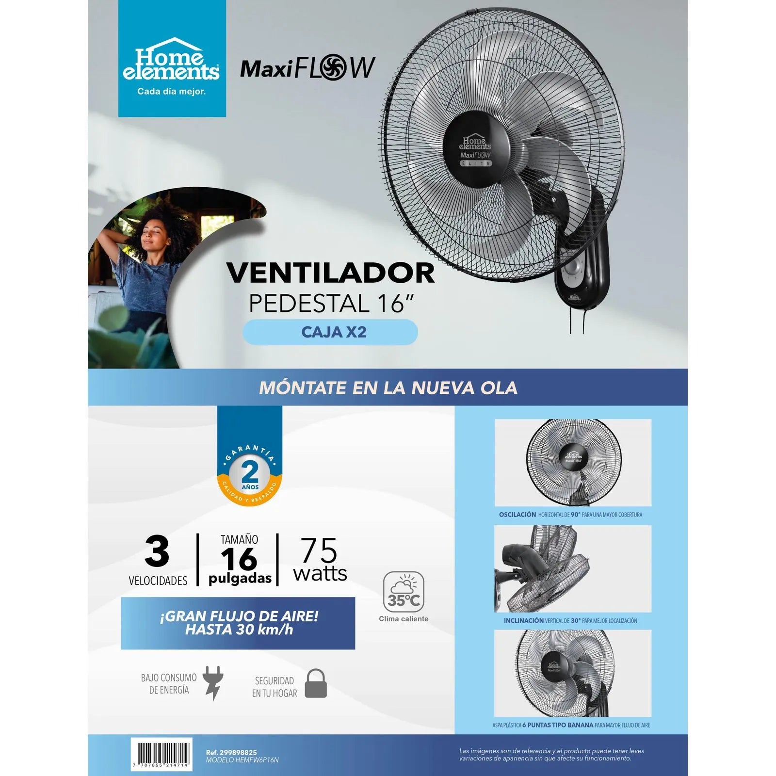 Ventilador de pared 16p Maxi Flow negro de Home Elements