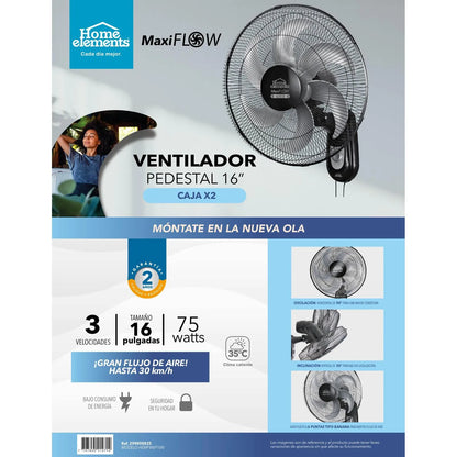 Ventilador de pared 16p Maxi Flow negro de Home Elements